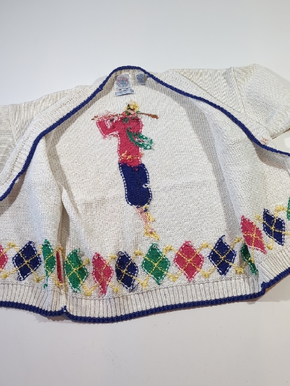 Vintage Cape Isle Knitters Baseball White Multicolor Argyle Knit Cardigan Large - Picture 9 of 13